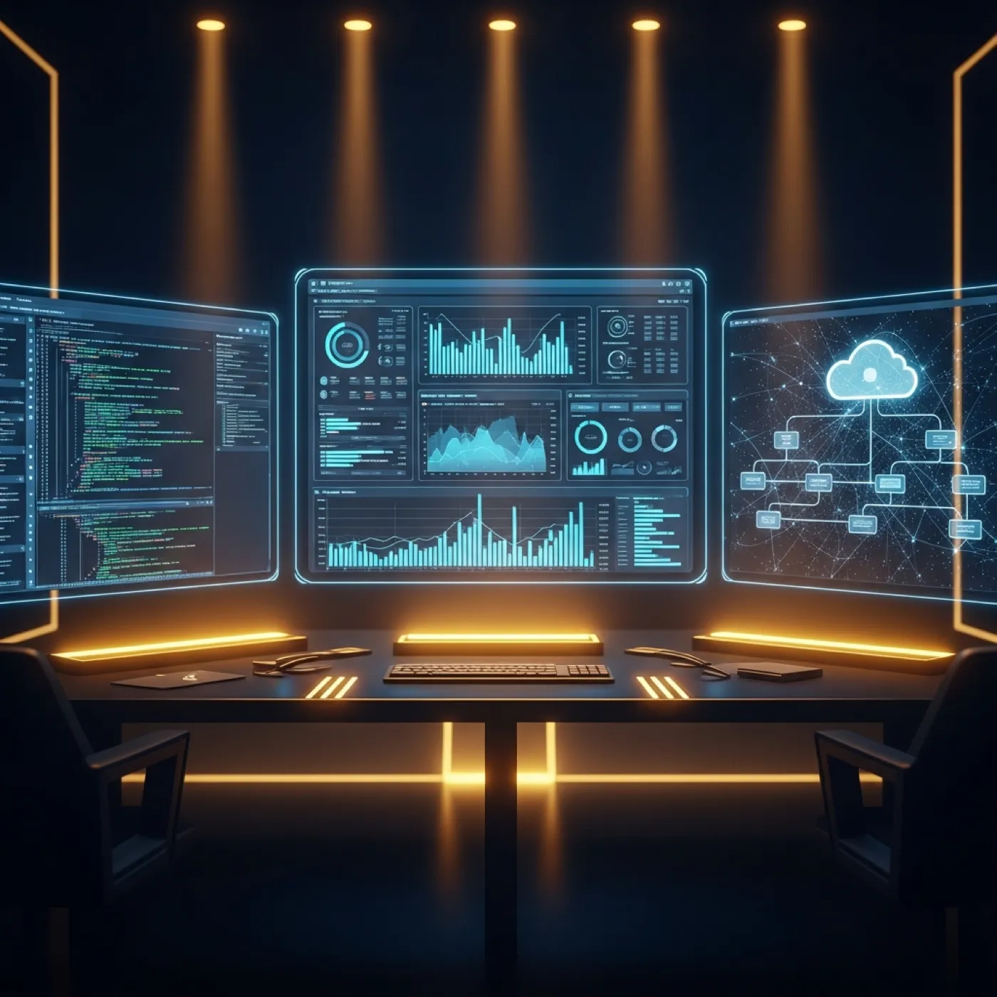 Gazellia autonomous operations command center with holographic dashboards
